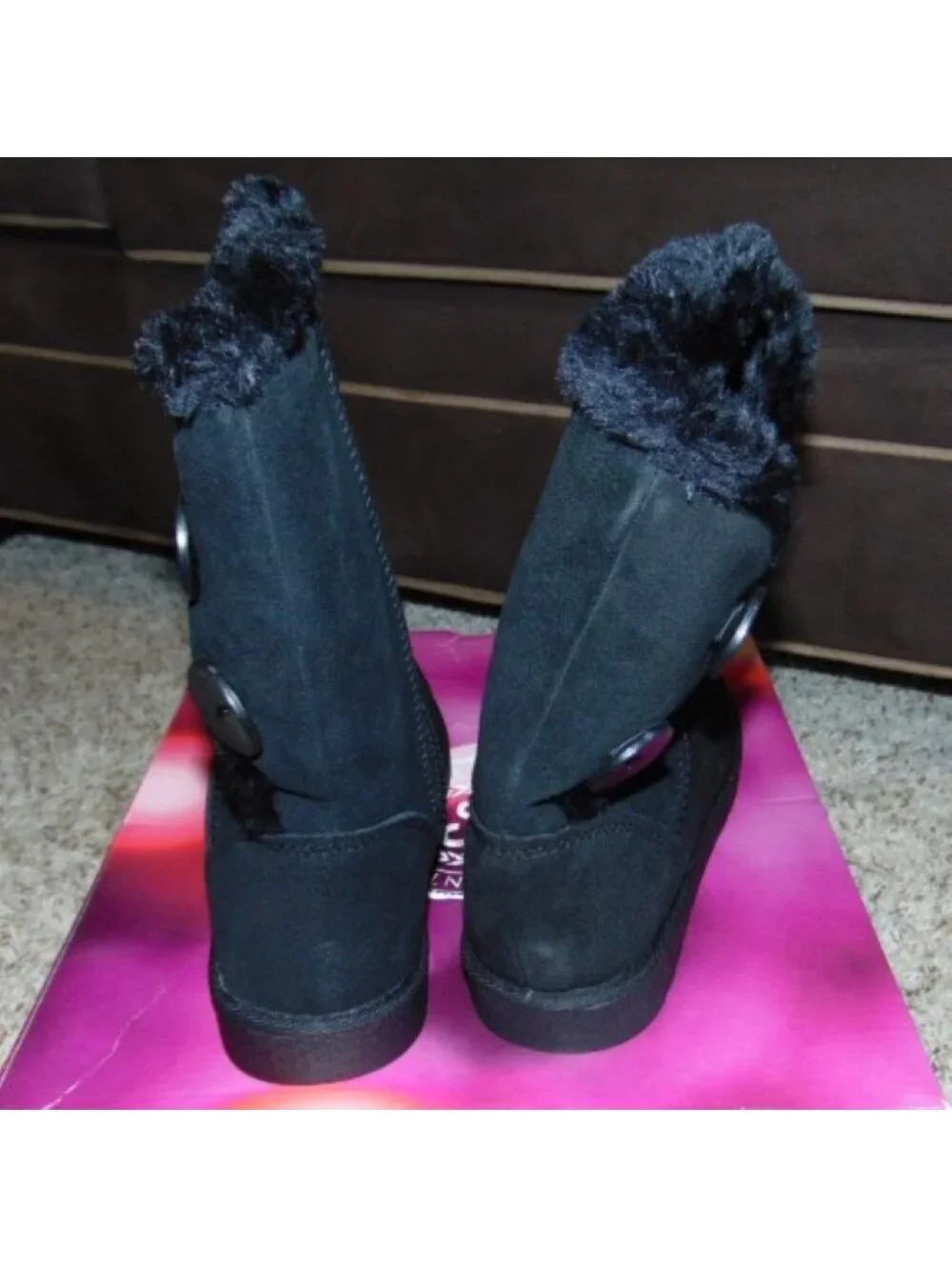 SO Winter Boots 7.5 Womens Black Mid Calf Pull On Plush Suede Button Fx Fur Trim